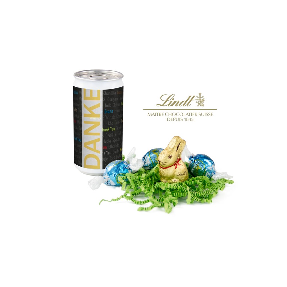 Lindt-Oster-Überraschung, Das Nest in der Dose - Etikett Danke Lindt-Oster-Überraschung, Das Nest in der Dose - Etikett Danke