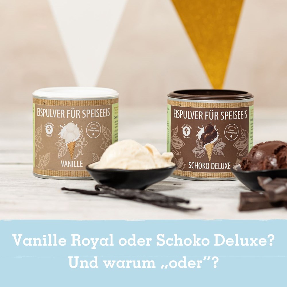 Eismixglas und Eispulver im bedruckten Geschenkkarton