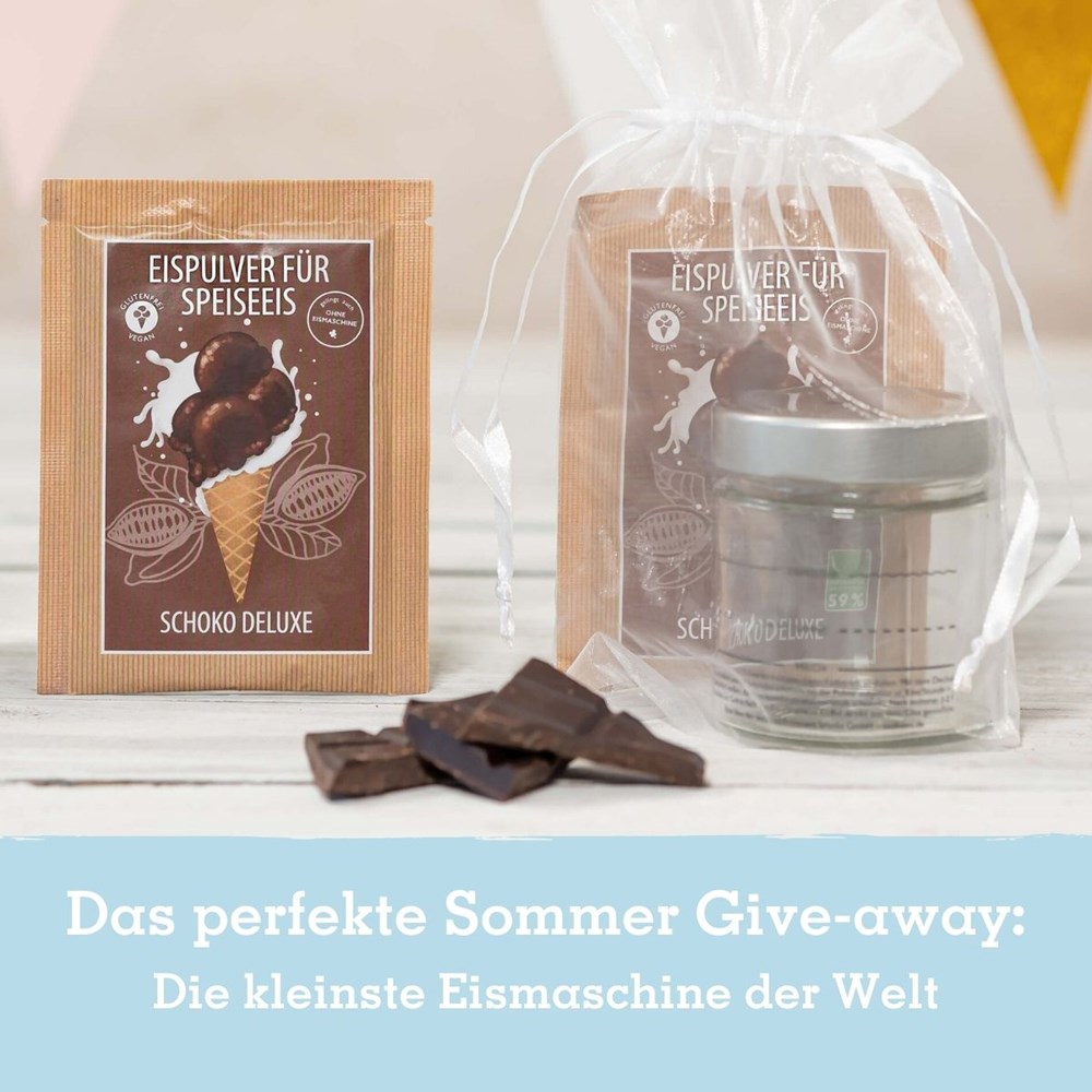 Eismixglas und Portionsbeutel Eispulver im Geschenksäckchen