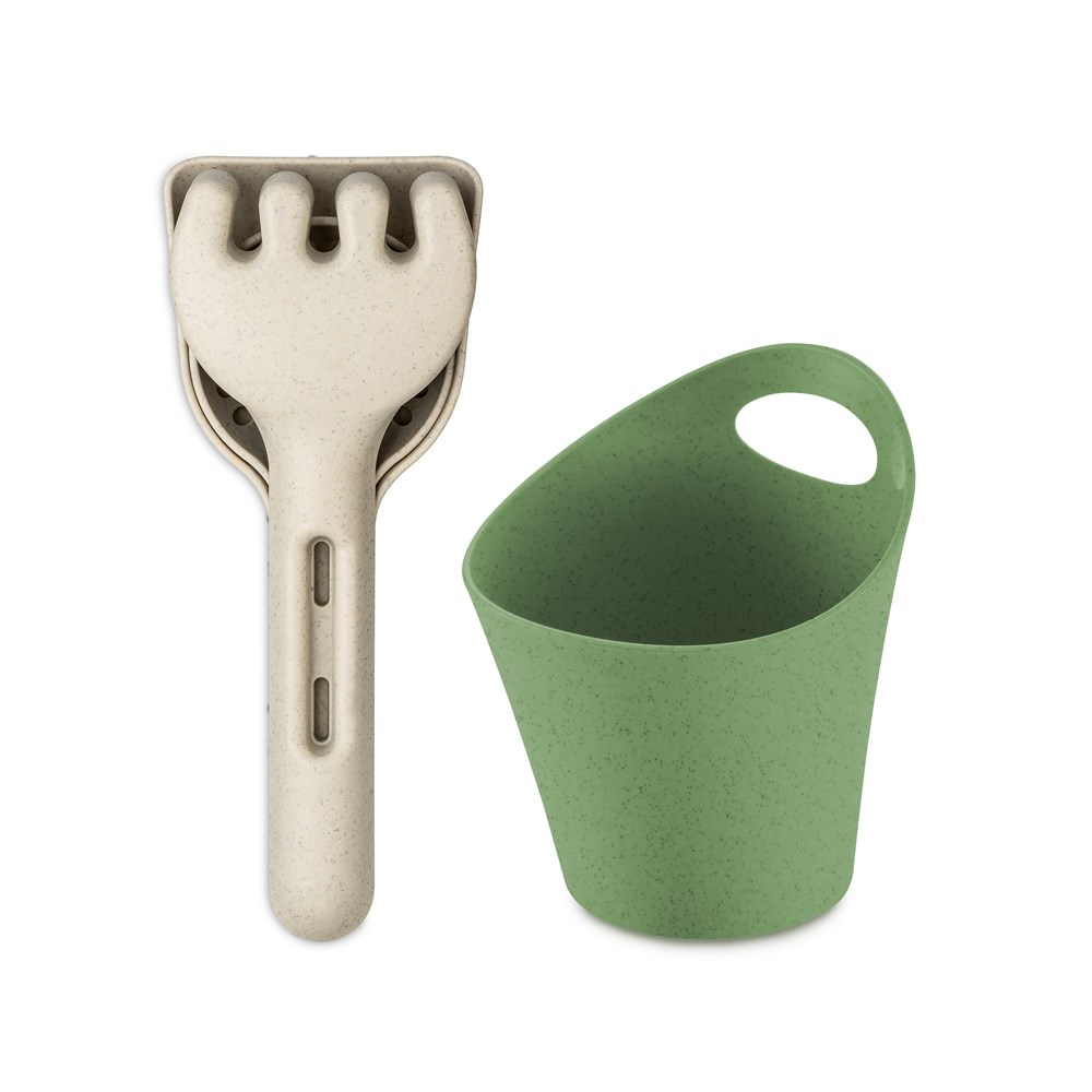 KLIKK SAND READY BEACH Sandwerkzeug Set 3-teilig+Utensilo 300ml - nature desert sand/nature leaf green